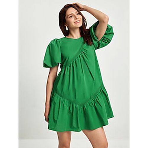 Women's Cotton Knee Length Dress Green Casual Puff Sleeve Crew Neck Summer - Ador - Modalova