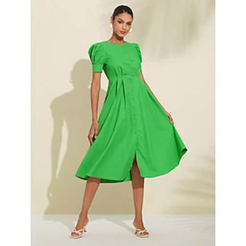 Women's Linen Cotton Shirt Dress Green A-Line Midi Dress Puffed Sleeve Button Front Casual Elegant Summer - Ador.com - Modalova