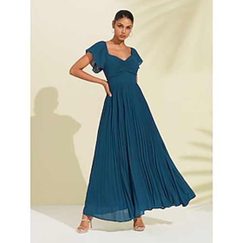 Women's Chiffon Maxi Dress Elegant Blue Sweetheart Pleated V-Neck Short Sleeve A-Line Formal Evening Dress - Ador - Modalova