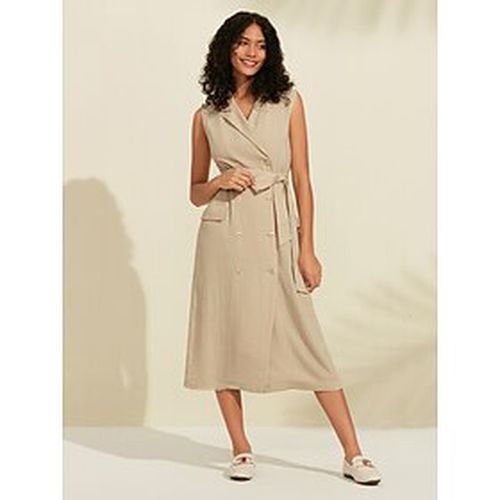 Linen Blend Pocket Belted Peaked Lapel Midi Dress - Ador.com - Modalova