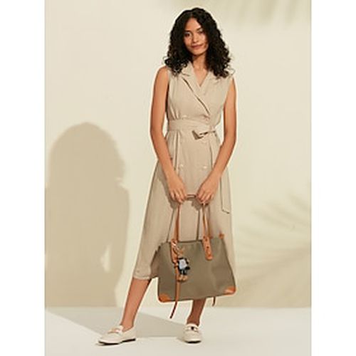 Women's Linen Blend Shirt Dress Khaki Sleeveless Pocket Belted Midi Dress Elegant Office Casual Spring Summer - Ador - Modalova