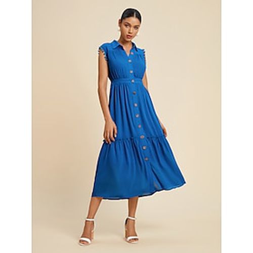 Chiffon Royal Blue Ruffle Elastic Midi Dress - Ador.com - Modalova