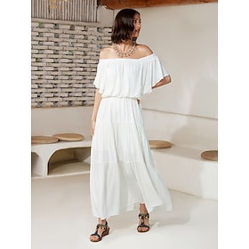 Women's Casual White Dress Off Shoulder Flare Solid Boho Ruffle Maxi Dress - Ador.com - Modalova