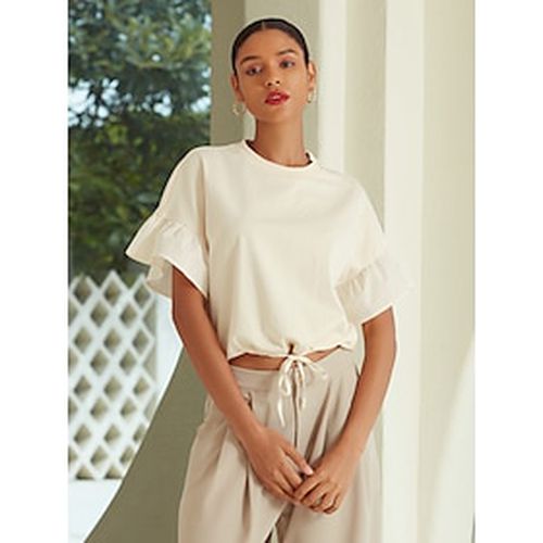 Women's Cotton Beige Drawstring Drop Shoulder Bell Sleeves Short Shirt - Ador.com - Modalova