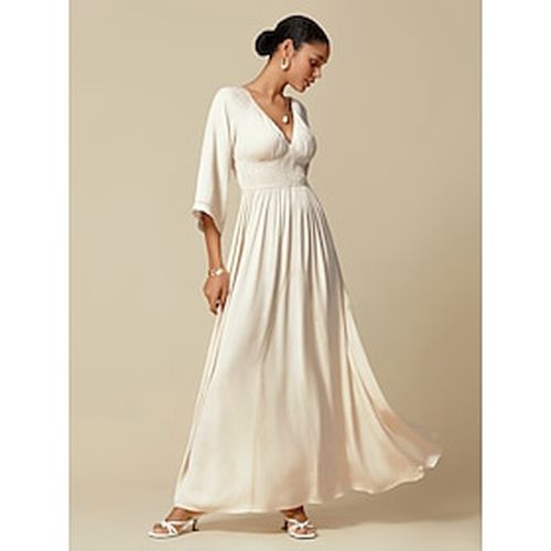 Women's Wedding Guest Maxi Dress White Smocked Waist V-Neck 3/4 Sleeve Formal Elegant Dress - Ador - Modalova