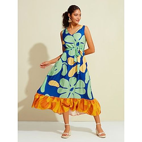 Satin Floral Print Belted V Neck Sleeveless Midi Dress - Ador.com - Modalova