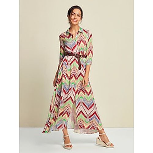 Satin Bohemia Geometric Split Sleeve Shirt Collar Maxi Dress - Ador - Modalova