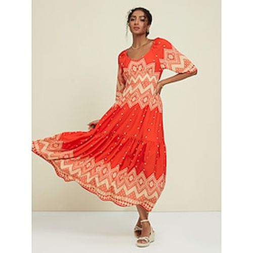 Satin Folk Print Half Sleeve V Neck Maxi Dress - Ador - Modalova