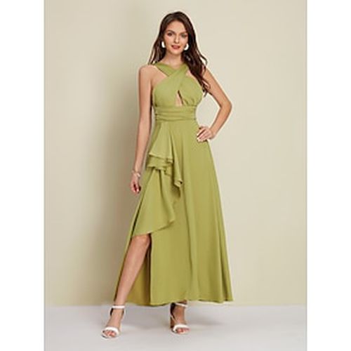 Women's Army Green Maxi Party/Wedding Guest /Cocktail Dress Satin Green Halter Neck Front Slit Cut-out Asymmetrical Ruffle dress to impress 2024 - Ador - Modalova