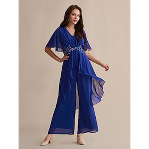 Royal Blue Chiffon Wedding Guest Sequin Embroidered Flare Cuff Sleeve V Neck Mother of the Bride Jumpsuit dress to impress 2024 - Ador.com - Modalova