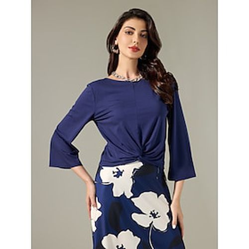 Navy Blue Flare Cuff Sleeve Knot Front Blouse - Ador.com - Modalova