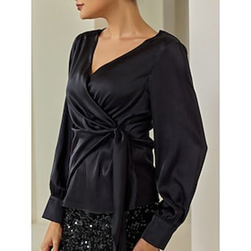 Satin Lantern Sleeve Black Elegant V Neck Blouse - Ador - Modalova