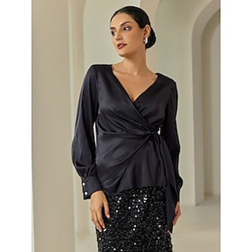 Satin Lantern Sleeve Black Elegant V Neck Blouse - Ador - Modalova