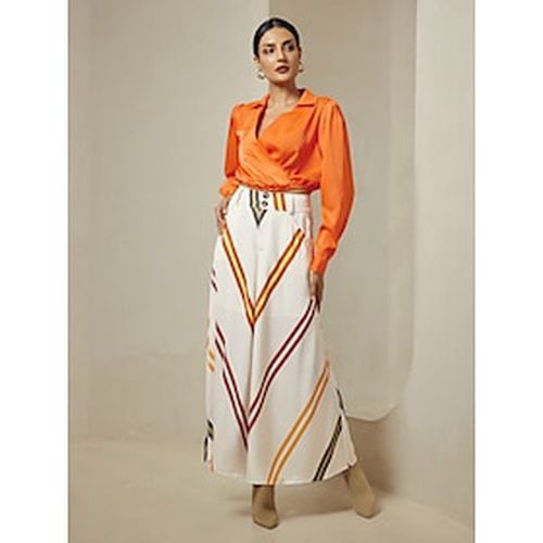 Satin Orange Crossover Collar Blouse Multi Color Stripe Wide Leg Pants Two Piece Sets - Ador - Modalova