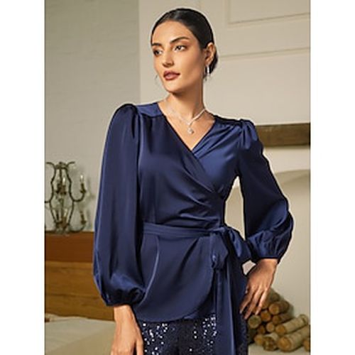 Satin Solid Casual Juliet Sleeve Tie Front Blouse - Ador - Modalova