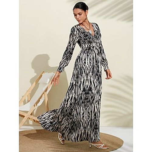 Neva Black White Spotted Print Bubble Satin V Neck Long Sleeve Swing Maxi Dress - Ador.com - Modalova