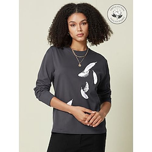 Cotton Feather Print Women's Casual Daily T shirt Long Sleeve Crew Neck T shirt Outdoor - Ador - Modalova