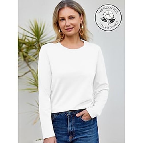 Cotton Women's T Shirt White Basic Long Sleeve Tee Casual Tops Round Neck Regular - Ador.com - Modalova