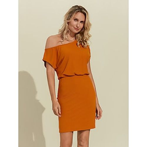 Women's Rayon Casual Orange High Elastic Knit Drop Shoulder Knee Length Dress - Ador - Modalova