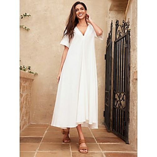 Women's Linen Blend White V Neck A Line Maxi Dress - Ador.com - Modalova