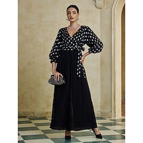 Chiffon Polka Dot Pleated Tie Front Jumpsuit - Ador.com - Modalova