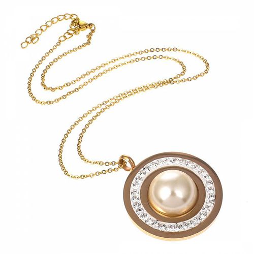 Gold Pearl and Crystal Disc Pendant Necklace - White label by Liv Oliver - Modalova