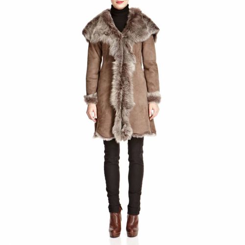 Taupe Waterfall Hooded Shearling Coat - Shearling Boutique - Modalova