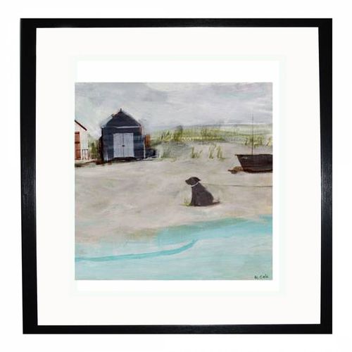 Beach Hut & Dog 40x40cm Framed Print - Hannah Cole - Modalova