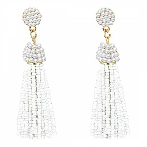 K Plated White Bead Tassel Statement Earrings - Liv Oliver - Modalova