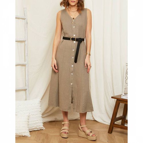 Taupe V Neck Button Through Linen Dress - Rodier - Modalova