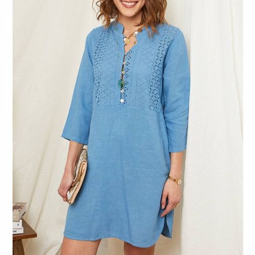 Blue Pattern Linen Mini Dress - LE MONDE DU LIN - Modalova