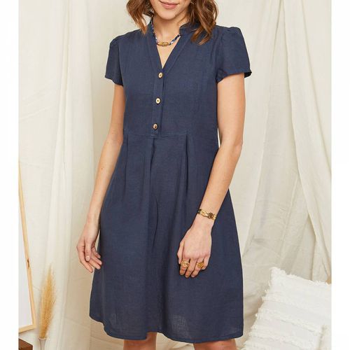 Navy Button Linen Mini Dress - LE MONDE DU LIN - Modalova