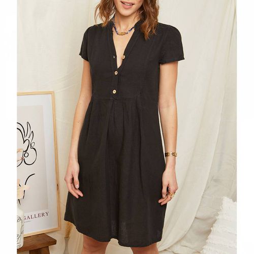 Black Button Linen Mini Dress - LE MONDE DU LIN - Modalova