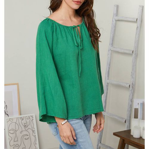 Green Tie Neck Linen Top - LE MONDE DU LIN - Modalova