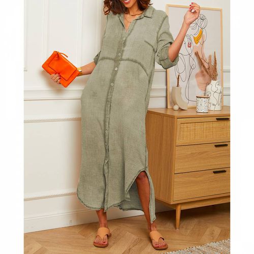 Khaki Button Through Linen Dress - LE MONDE DU LIN - Modalova