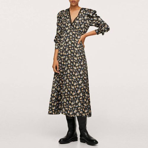 Black Floral Printed Midi Dress - Mango - Modalova