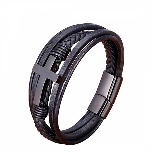 Black Plated Cross Leather Bracelet - Stephen Oliver - Modalova