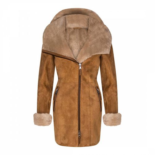 Tan Hooded Suede Merino Shearling Sheepskin Coat - Shearling Boutique - Modalova