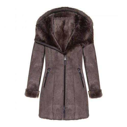 Taupe Hooded Suede Merino Shearling Sheepskin Coat - Shearling Boutique - Modalova