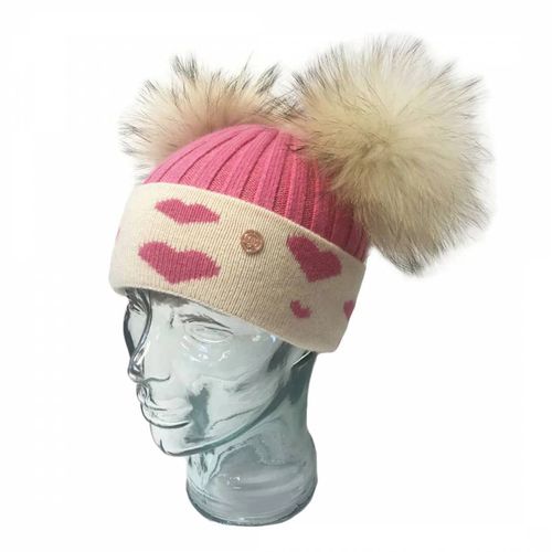 Adult Strawberry & Cream Hearts Cashmere Blend Double Pom Pom Beanie Hat - Look Like Cool - Modalova