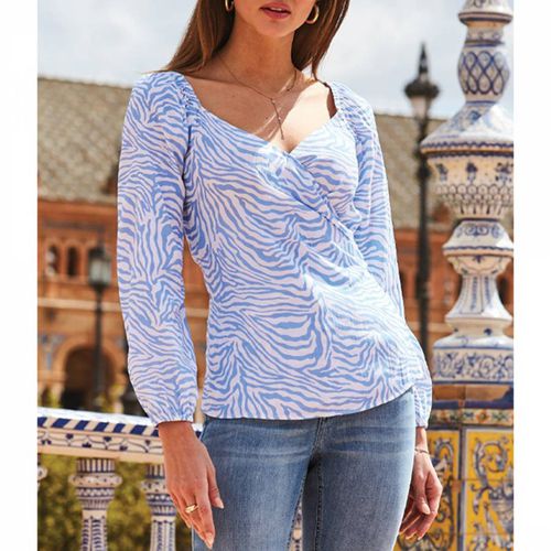 Sky Blue Zebra Print Wrap Front Top - SOSANDAR - Modalova