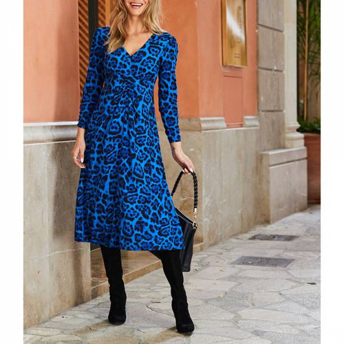 Blue Printed Fit & Flare Dress - SOSANDAR - Modalova