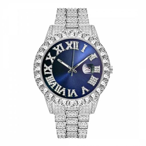 Silver Embellished Blue Dial Watch - Stephen Oliver - Modalova