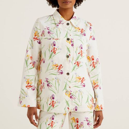 White Floral Cotton Denim Jacket - United Colors of Benetton - Modalova