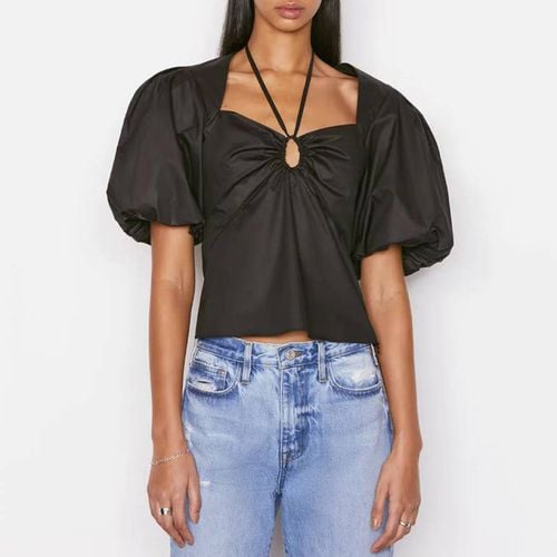 Black Tie Neck Cotton Blend Top - Frame Denim - Modalova