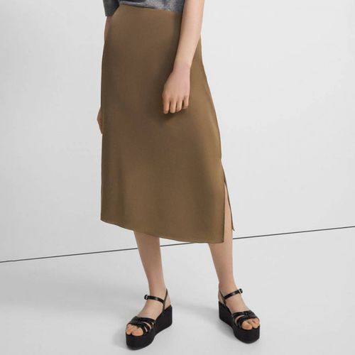 Khaki Double Slit Silk Midi Skirt - Theory - Modalova