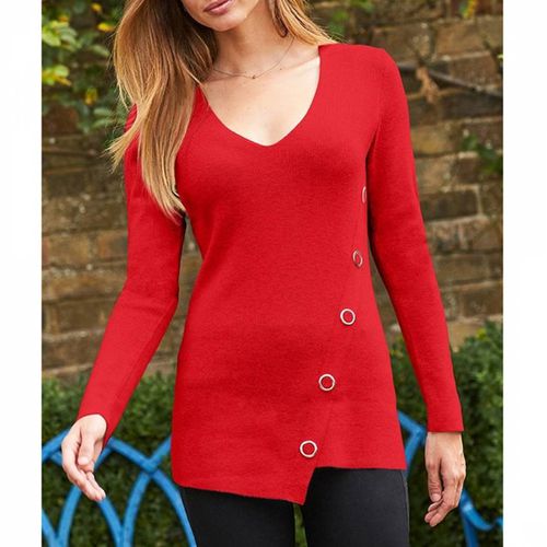 Red Eyelet Detail V Neck Jumper - SOSANDAR - Modalova