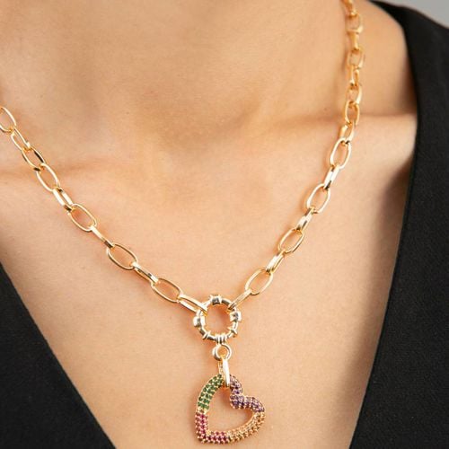 Multi-Colour Drop Down Heart Necklace - Elika - Modalova