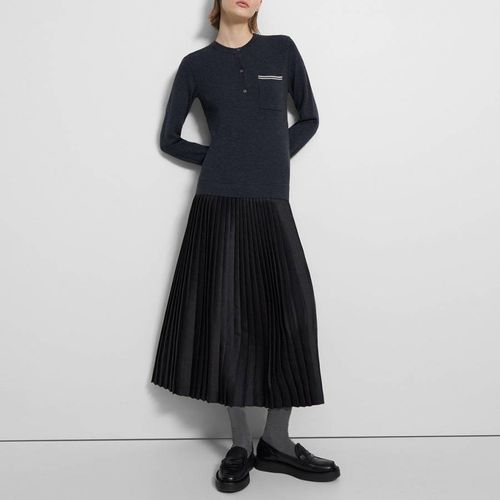 Navy Pleated Midi Merino Wool Dress - Theory - Modalova