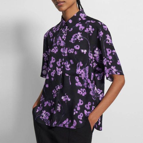 Black Floral Print Boxy Silk Shirt - Theory - Modalova